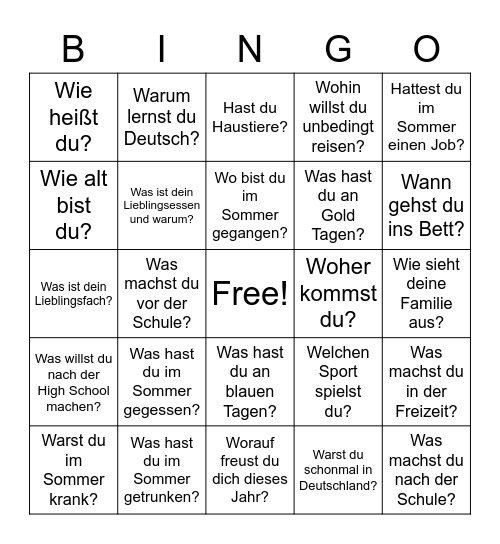 Die Sommerferien Bingo Card