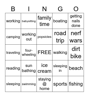 Summer Vacation Bingo Card