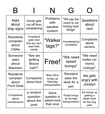 All Resident Meeting Bingo Card