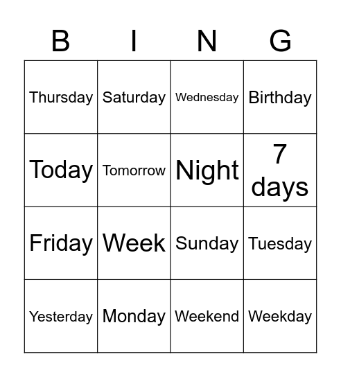 Days of the Week Bingo Card