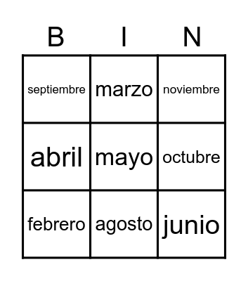 Los meses del a Bingo Card