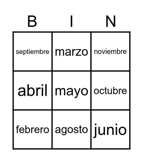 Los meses del a Bingo Card