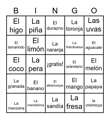 La fruta Bingo Card