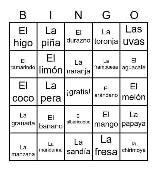 La fruta Bingo Card