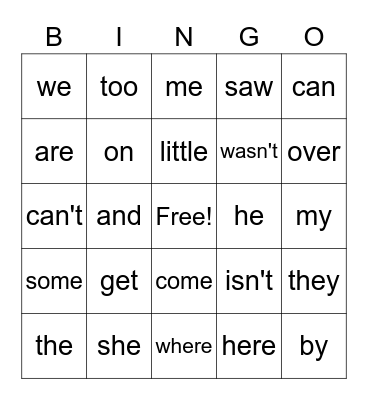 Sight Words Bingo Card