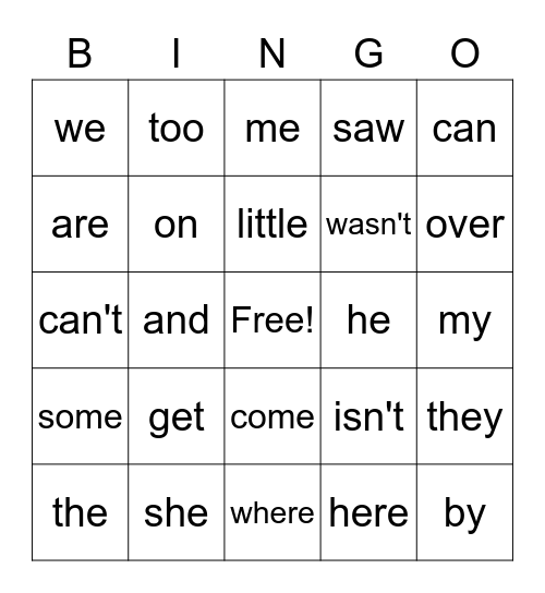 Sight Words Bingo Card
