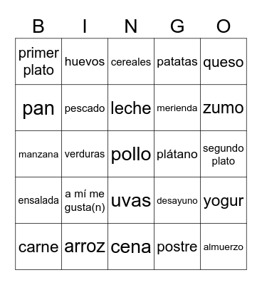 4th grade food practice Bingo Card