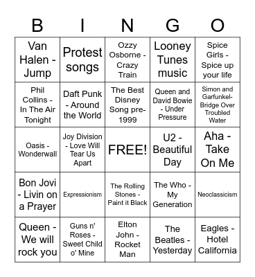 20th Century Music Bingo Card