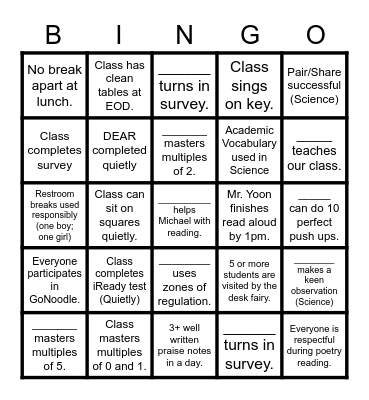 Class BINGO Card