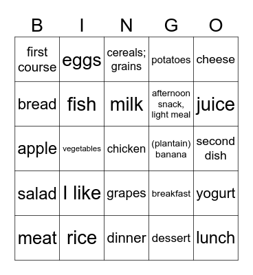 food bingo Card