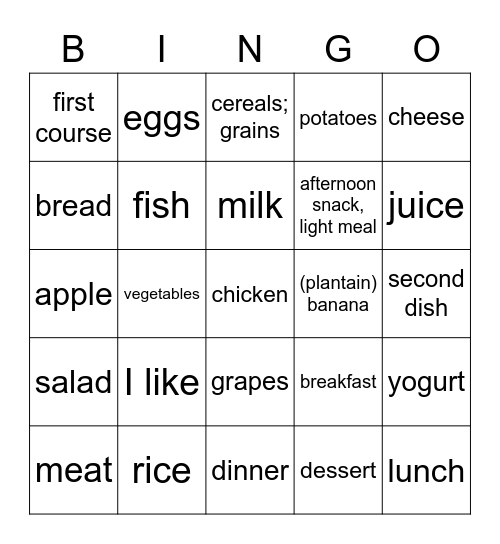 food bingo Card