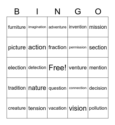 Multisyllabic Words Bingo Card