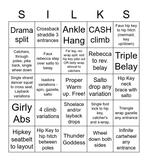 Aerial Silks Intermediate Bingo Card