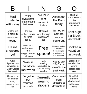 Remote Work Bingo Card