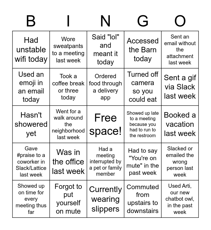 Remote Work Bingo Card