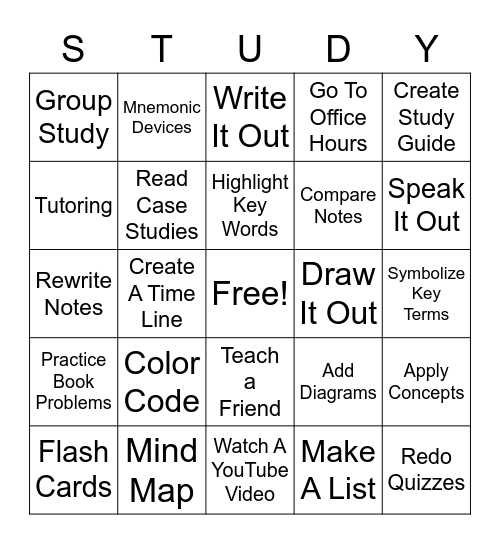 Study Strategies Bingo Card