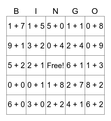 Addition 0, 1 and 2 Bingo Card