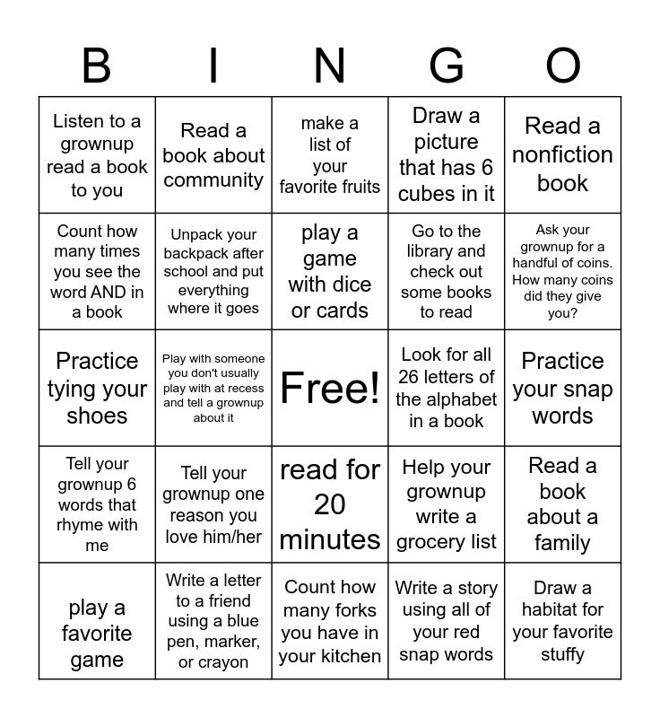 homework bingo ideas