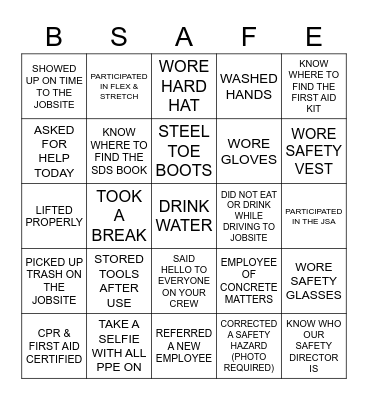 Safety Bingo Card