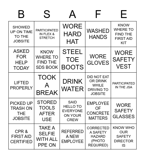 Safety Bingo Card