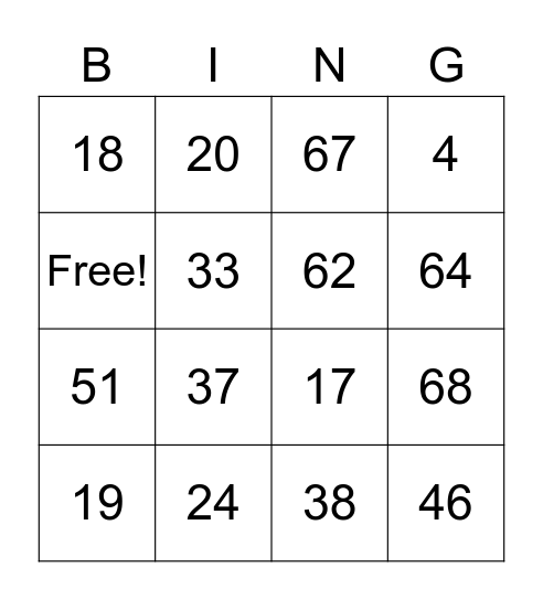 Number Bingo Card