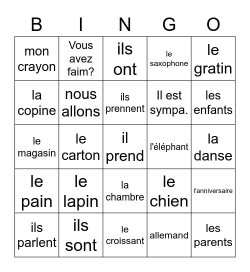 Les voyelles nasales Bingo Card