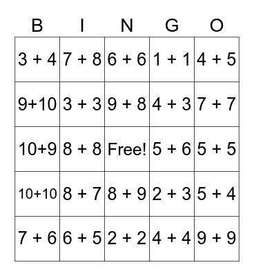 Doubles & Near Doubles - Addition Bingo Card