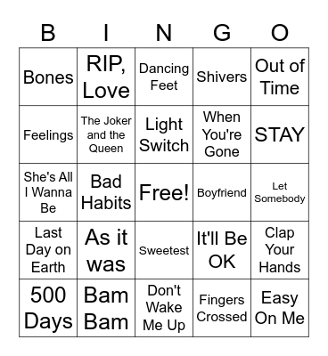 2022 Music Titles Bingo Card