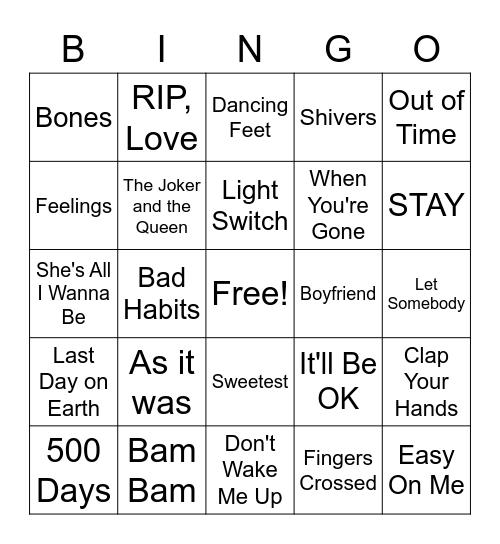 2022 Music Titles Bingo Card