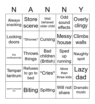Supernanny Bingo Card