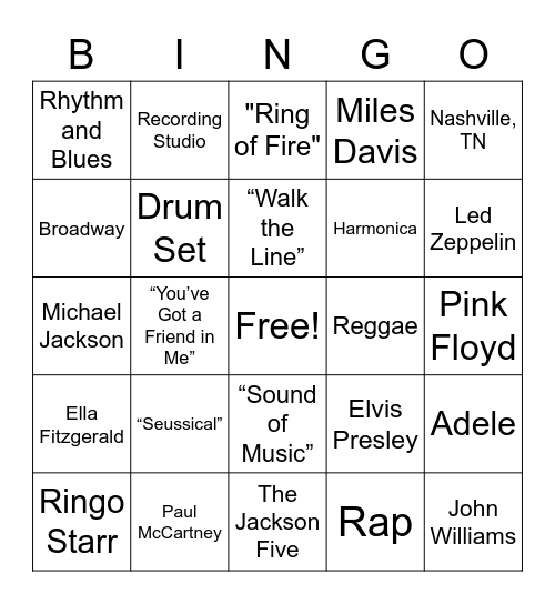 Popular Music Bingo Card