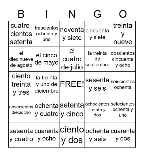 Los Números #2 Bingo Card