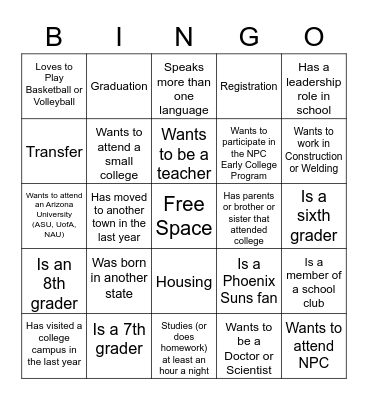 College Knowledge Bingo Card
