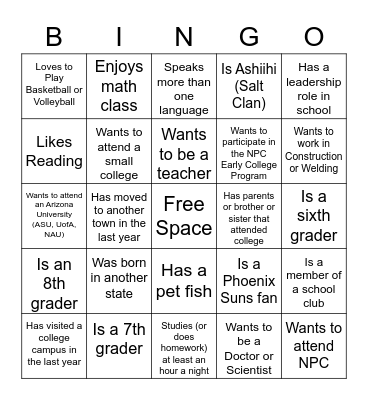 College Knowledge Bingo Card