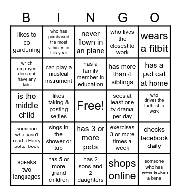 GETTING TO KNOW YOU Bingo Card