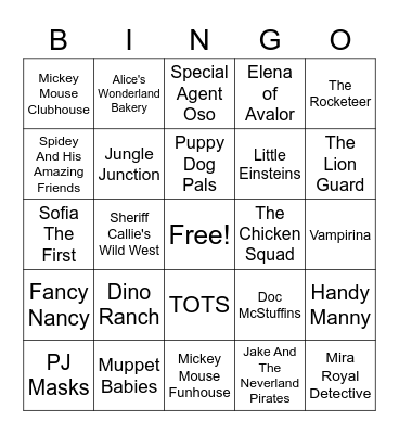 Disney Junior Shows Bingo Card