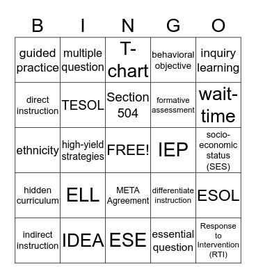 Vocabulary Bingo Card