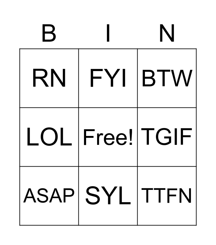 Abbreviation Bingo Card