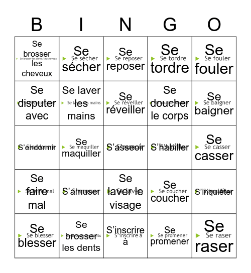Reflexive verbs Bingo Card