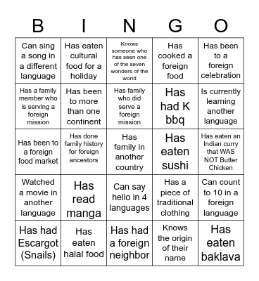Cultural Night Bingo Card