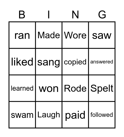 REGULAR AND IRREGULAR VERBS Bingo Card