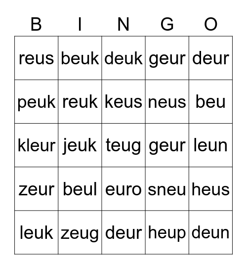 woorden met eu Bingo Card