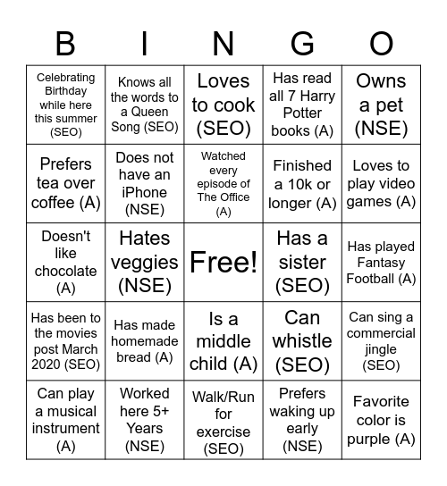 SUMMER EMPLOYEE BINGO Card