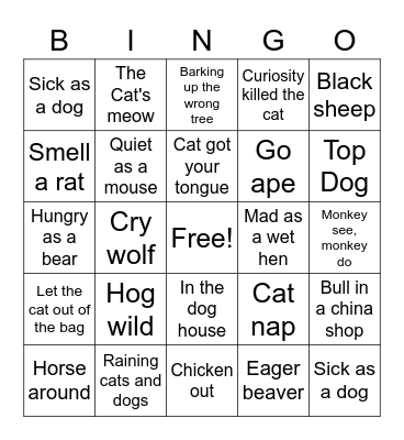 Animal Idiom Bingo Card