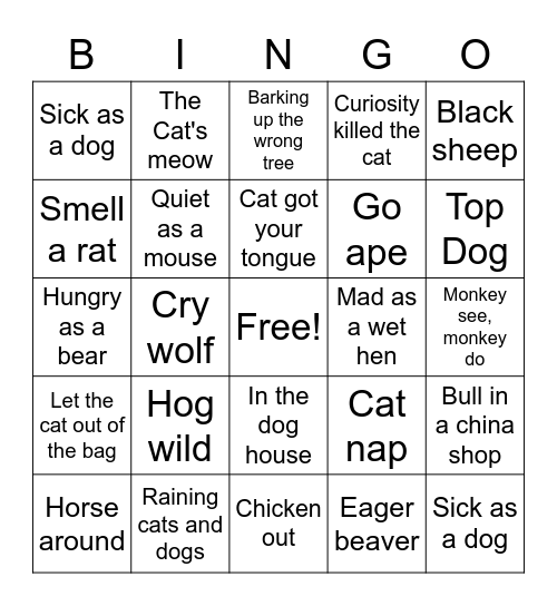 Animal Idiom Bingo Card