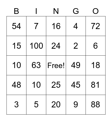 Multiplication & Division Bingo Card