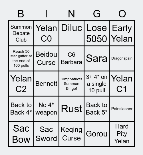 Yelan Summons Bingo Card