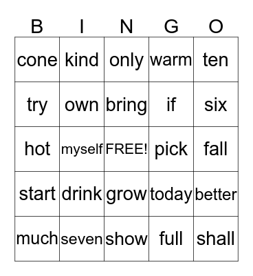 Sight Words Bingo Card