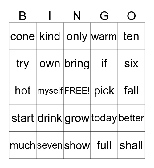 Sight Words Bingo Card