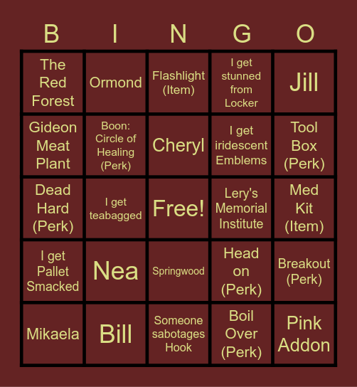 DBD Bingo Card 3 Bingo Card